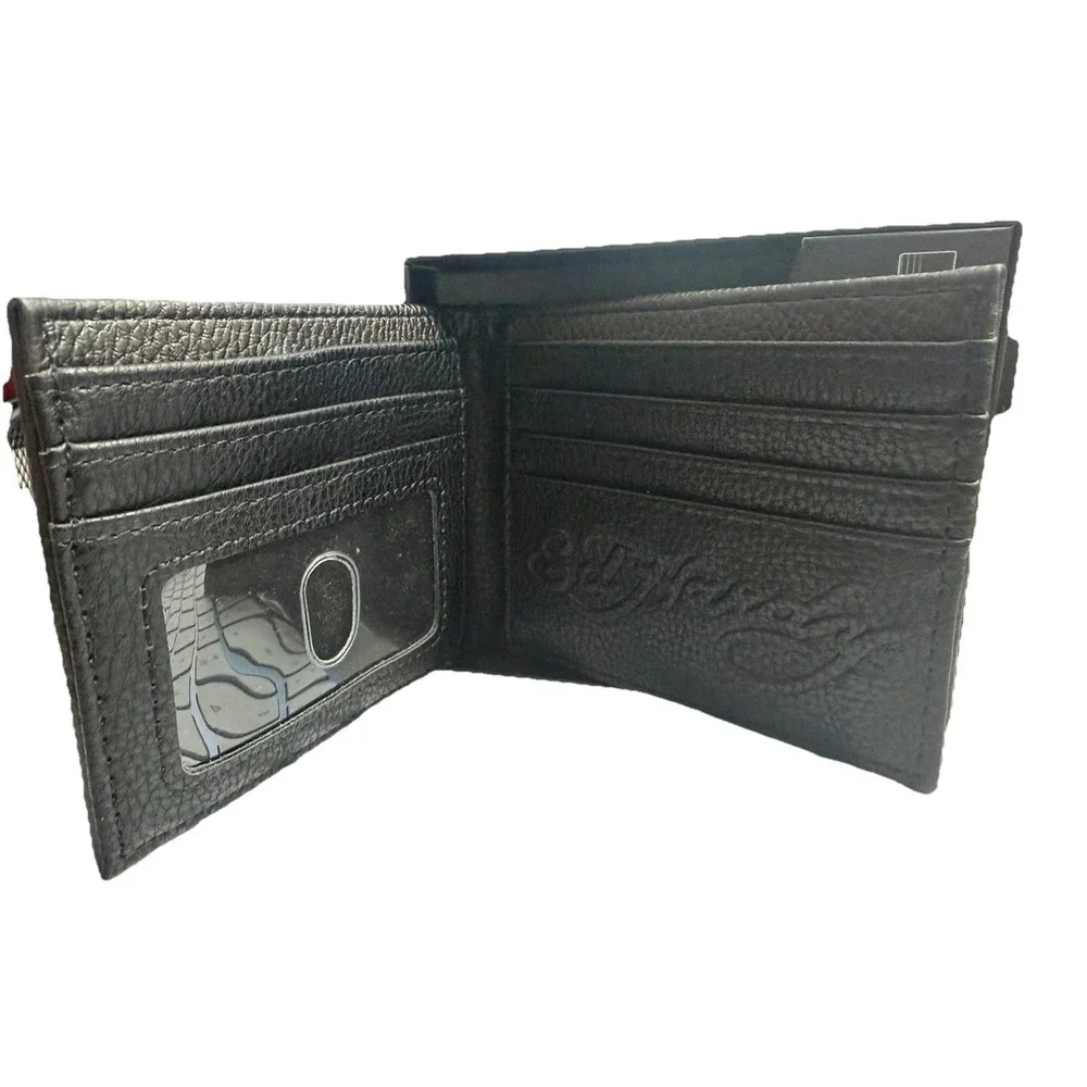 Ed Hardy Men's Black Wallet Bi-fold With Valet Tray PU Leather Tiger Tattoo New